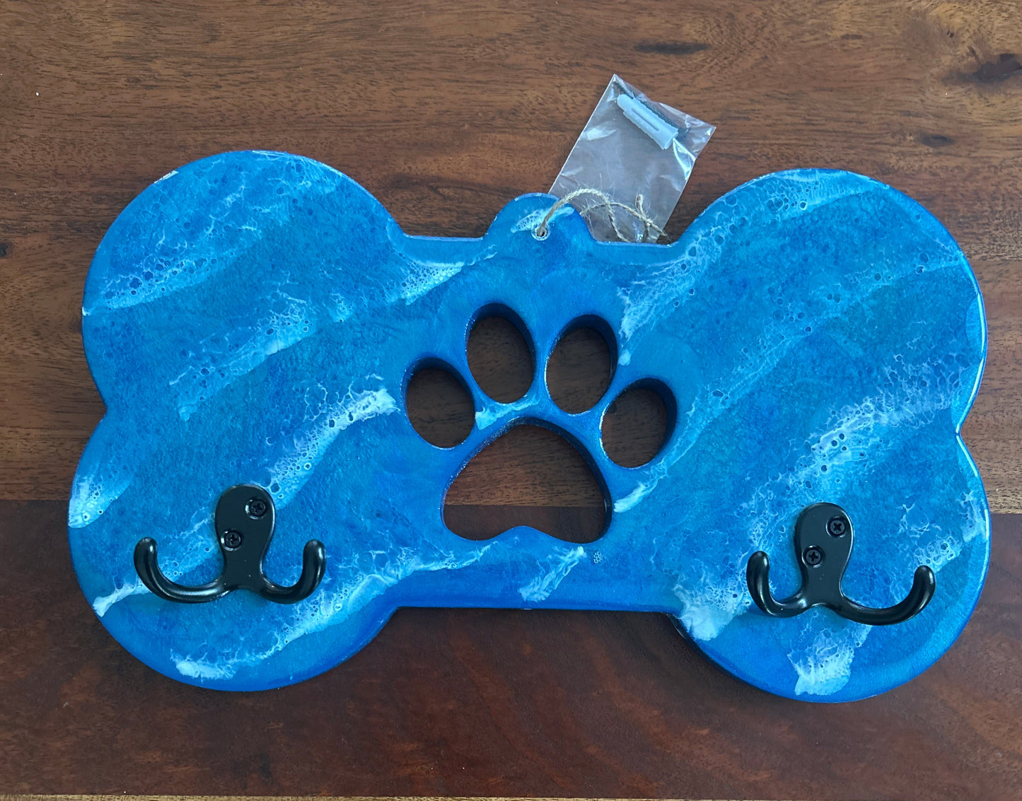 Dog Bone Leash Holder Blue with Blacks Hooks