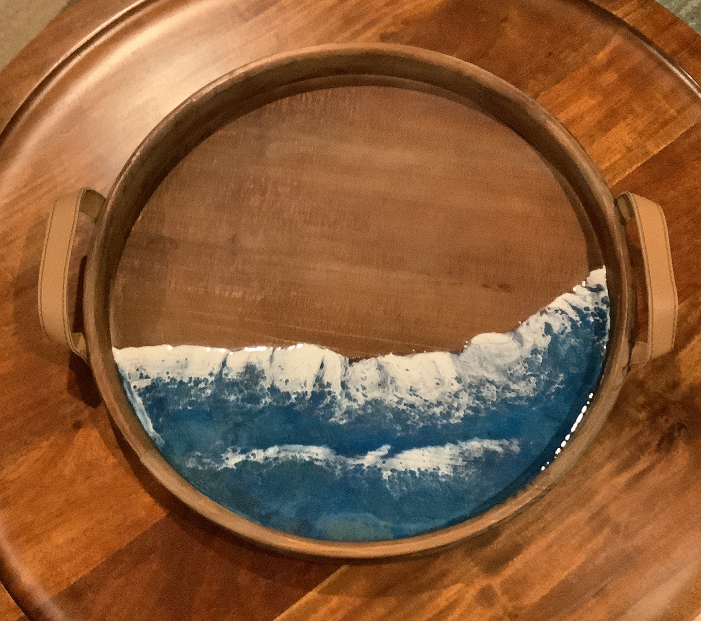 Large Round Tray with Leather Handles