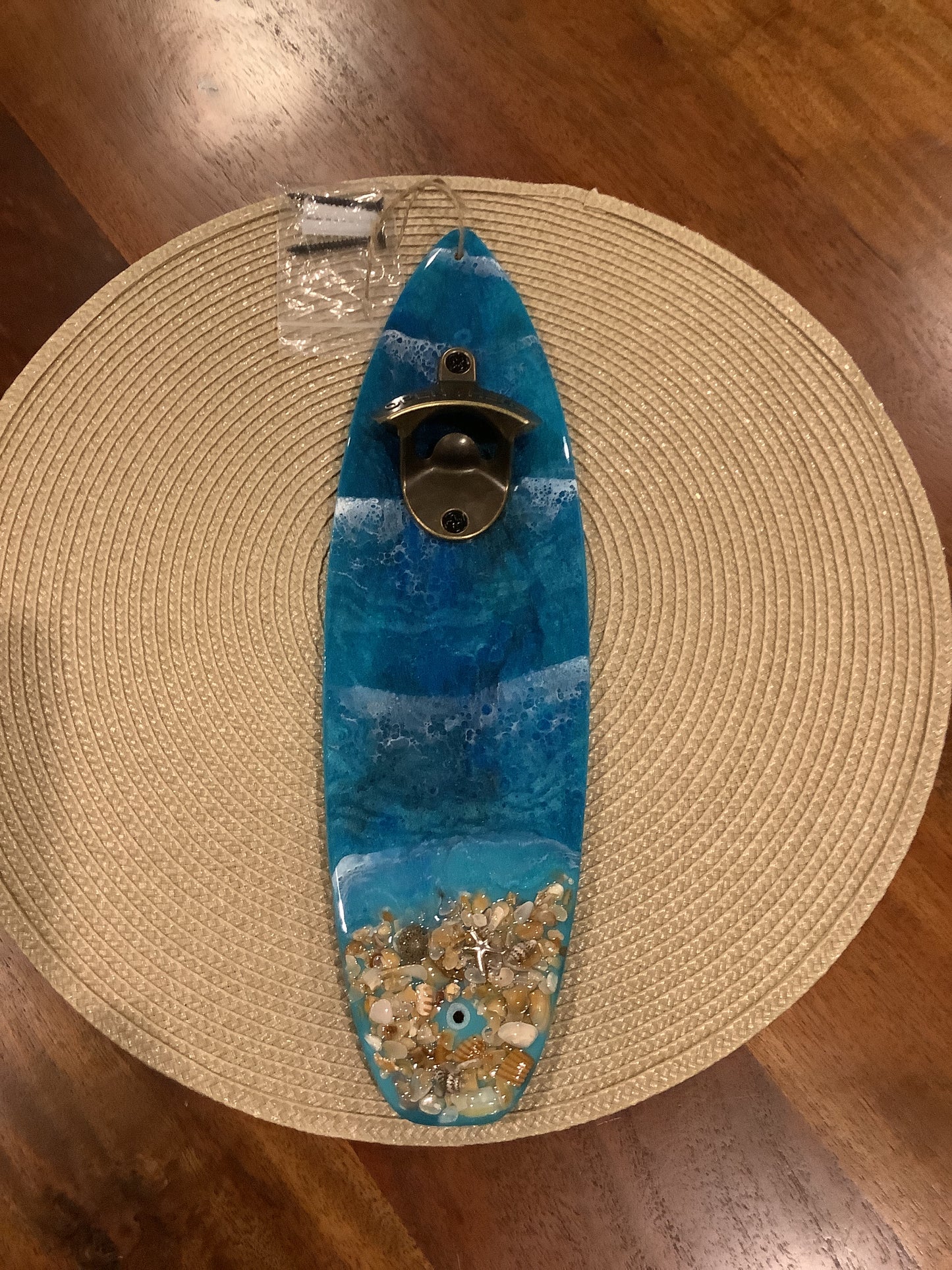 Surfboard Bottle Opener Blue Wave with Sand