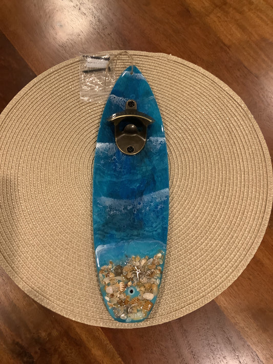 Surfboard Bottle Opener Blue Wave with Sand