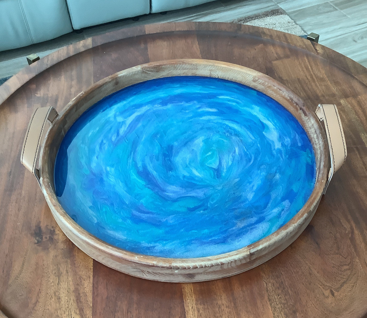Large Round Tray with Leather Handles