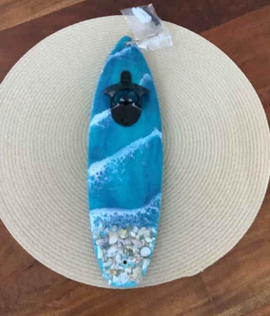 Surfboard Bottle Opener Blue Wave with Sand