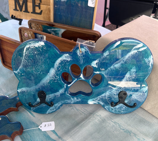 Dog Bone Leash Holder Blue with Blacks Hooks