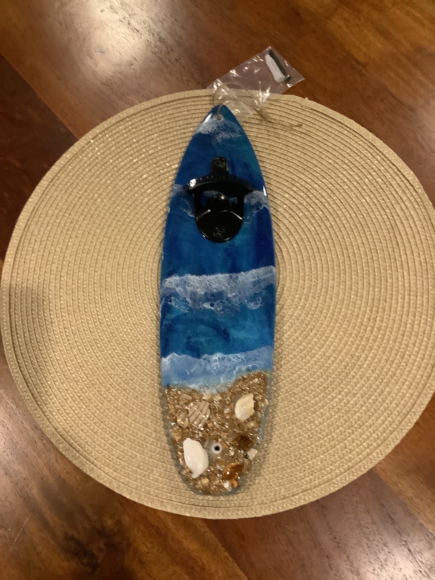 Surfboard Bottle Opener Blue Wave with Sand