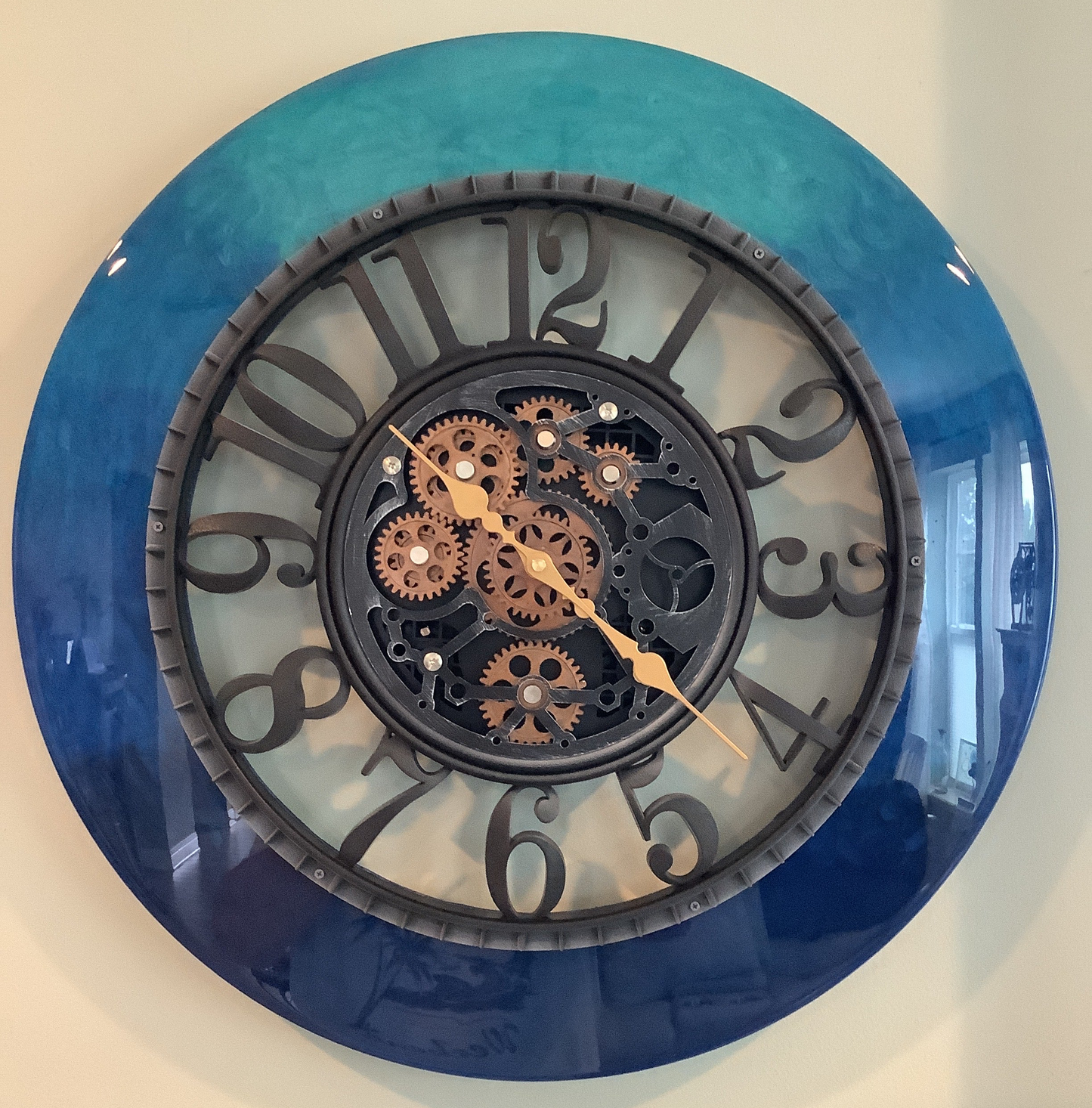 Clock with Moving Gears and Open Face Blue Ombré